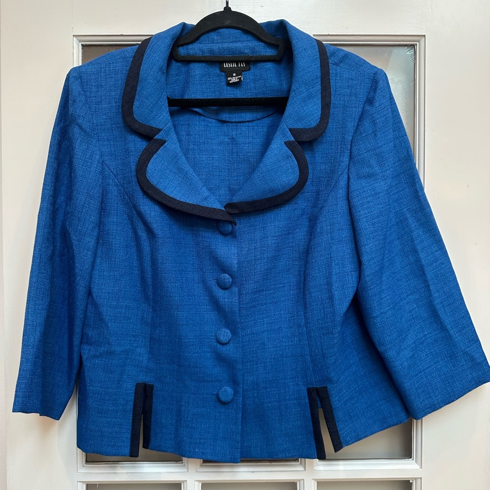 Vintage Leslie Fay 90’s Crop Retro Blue Blazer Black Trim Classic Chic Size 18